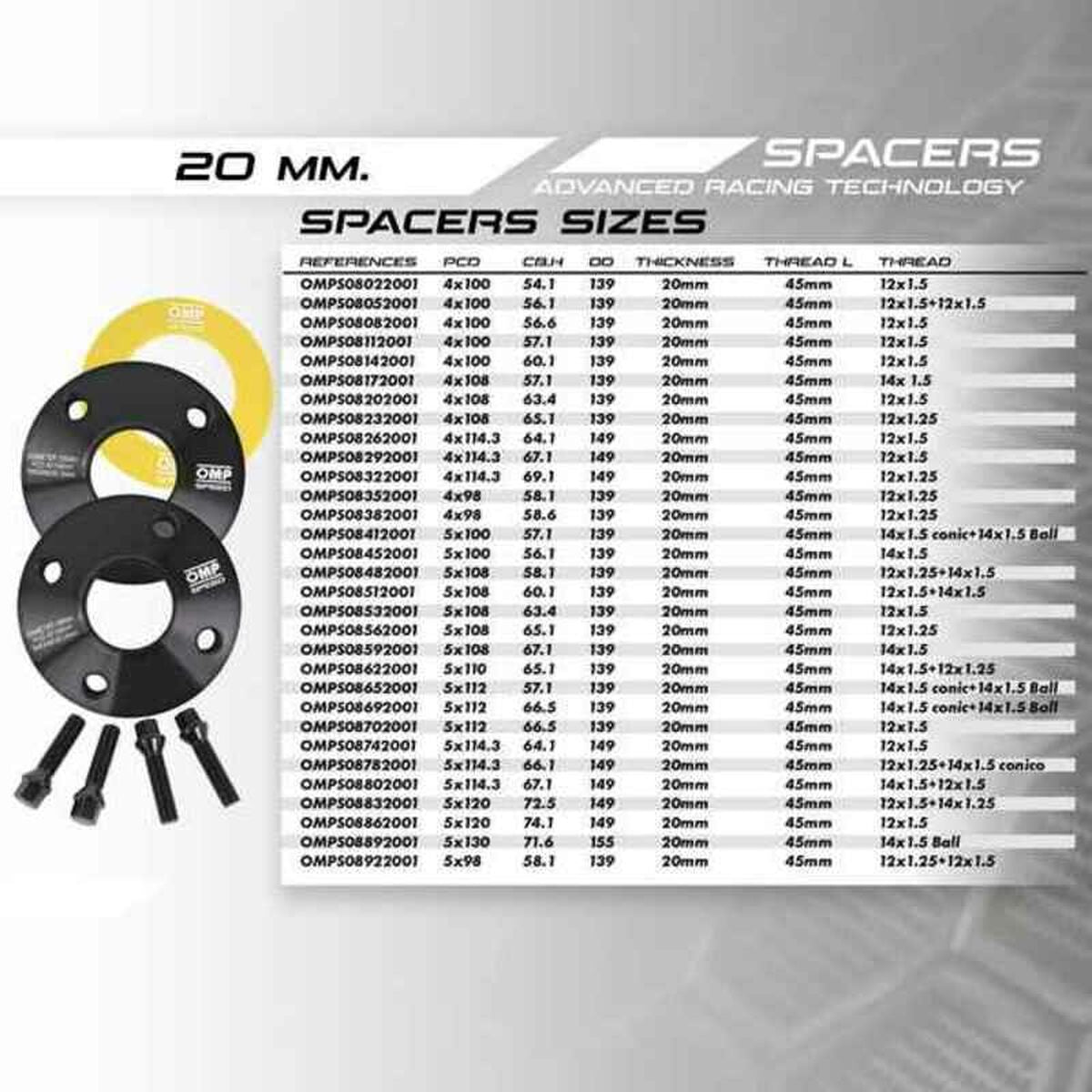 Set di Estrattori OMP OMPS08622001 5X110 65,1 M14 x 1,50 + M12 x 1,25 20 mm - BIBA-RICAMBI