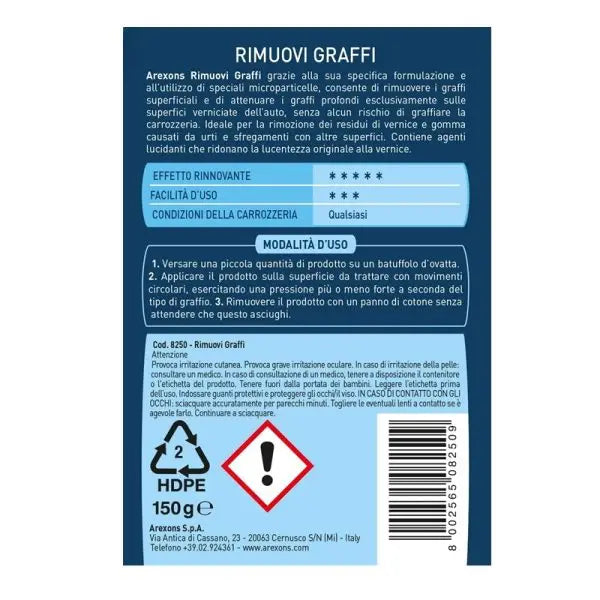 Pasta Rimuovi Graffi Auto Carrozzeria Speciali Microparticelle Arexons - BIBA-RICAMBI