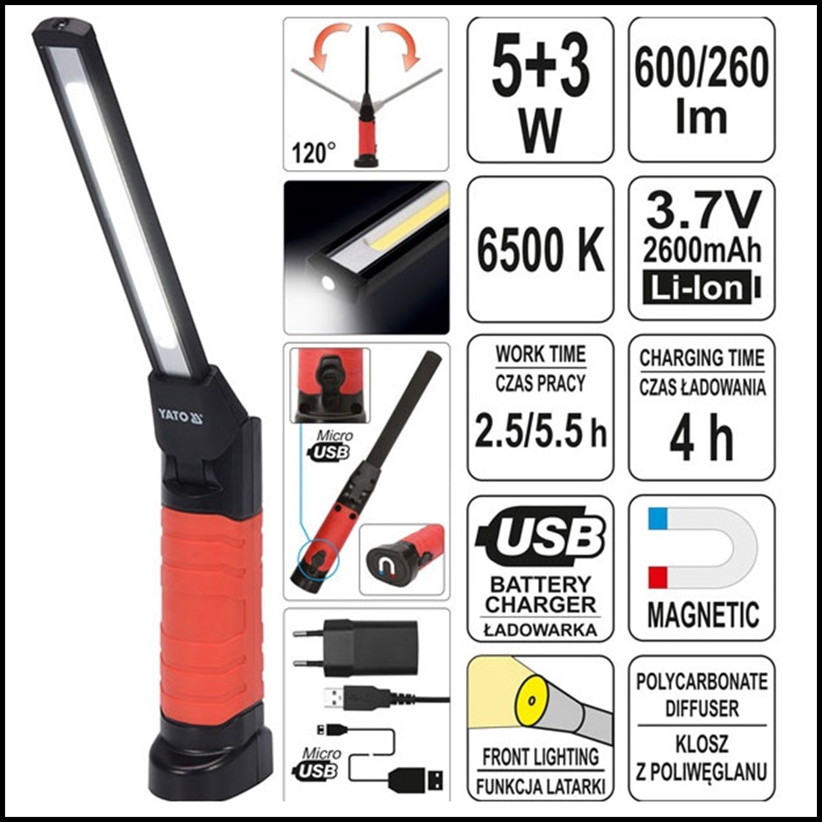 A. LAMPADA PER LAVORO PROFESSIONALE ULTRA SOTTILE CON LED ALD ALTA LUMINOSITA 600 LM COB LED BIBA-RICAMBI