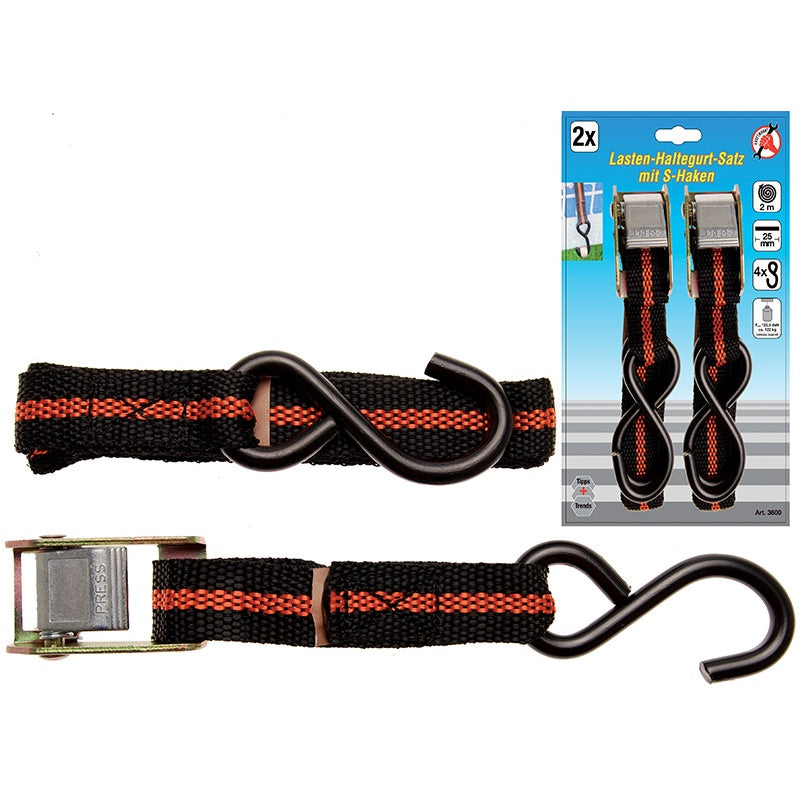 Set 2 Pezzi Cinghie Con Gancio a S 2 Metri x 25 Millimetri Art.BGS3600 BIBA-RICAMBI
