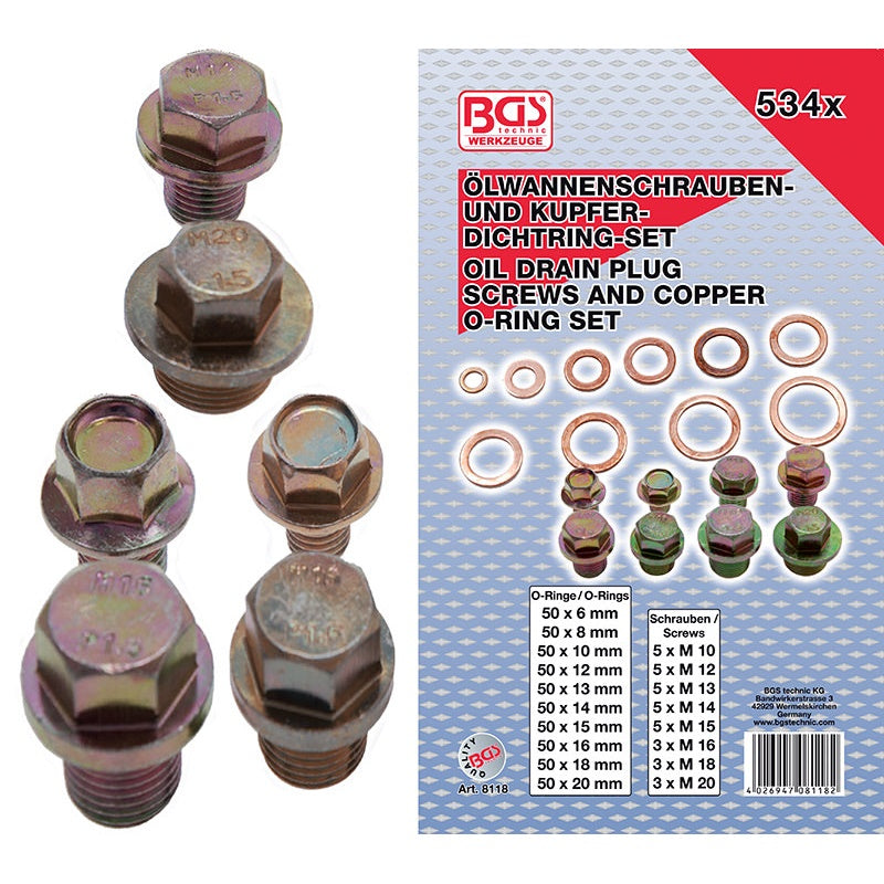 Assortimento 534 Pz Viti Per Tappo Di Scarico Olio e O-Ring Art.BGS8118 BIBA-RICAMBI
