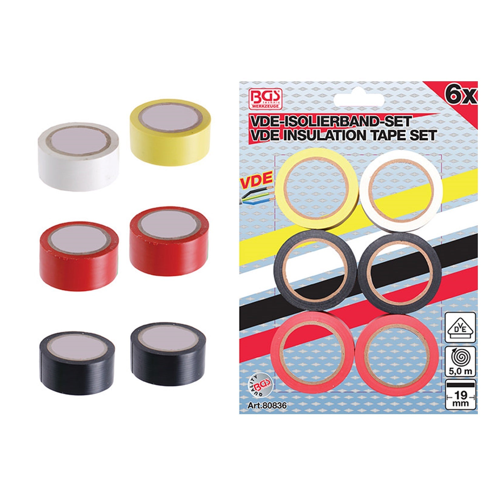 Set 6 Pezzi Nastro Isolante VDE Colori Assortiti art.BGS80836 BIBA-RICAMBI