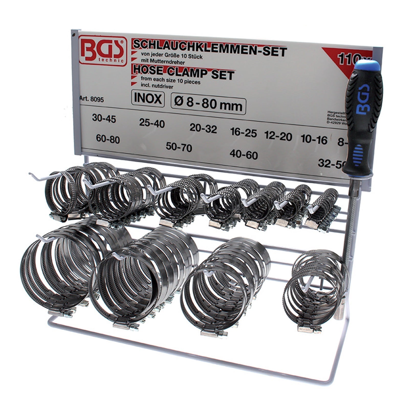 Assortimento 111 Pezzi Fascette Stringitubi Inox su Pannello Espositore art.BGS8095 BIBA-RICAMBI