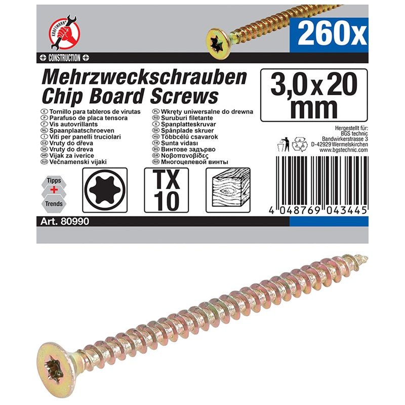 Set 260 Viti da Legno 3,0 x 20mm Torx TX10 art.BGS80990 BIBA-RICAMBI