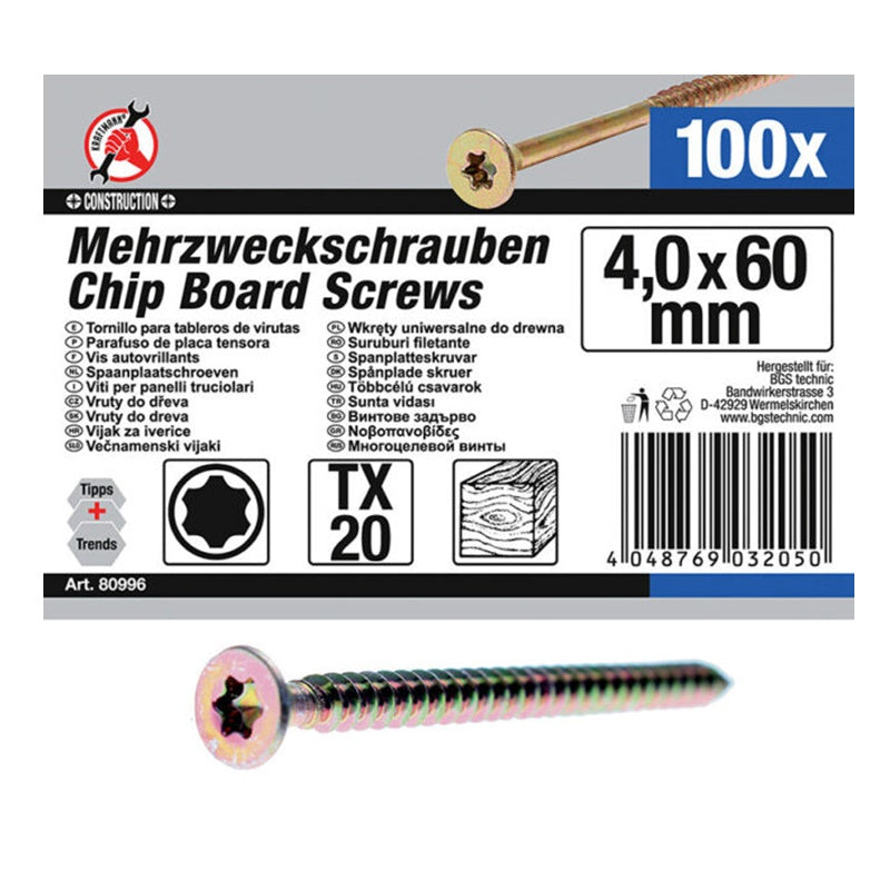 Set 100 Viti da Legno 4,0 x 60 mm Torx TX20 art.BGS80996 BIBA-RICAMBI