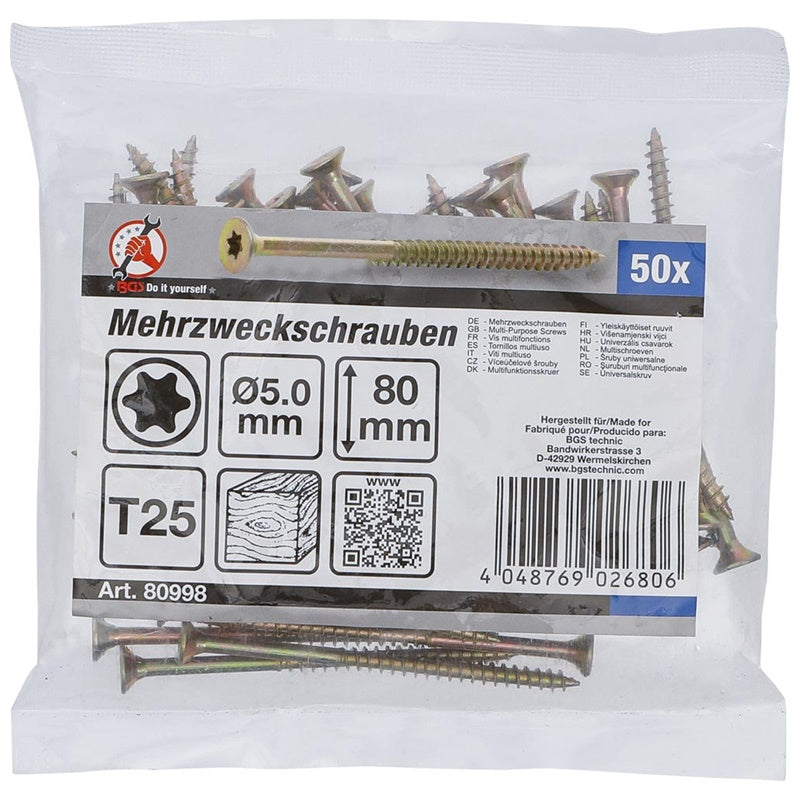 Set 50 Viti da Legno 5,0 x 80 mm Torx TX25 art.BGS80998 BIBA-RICAMBI
