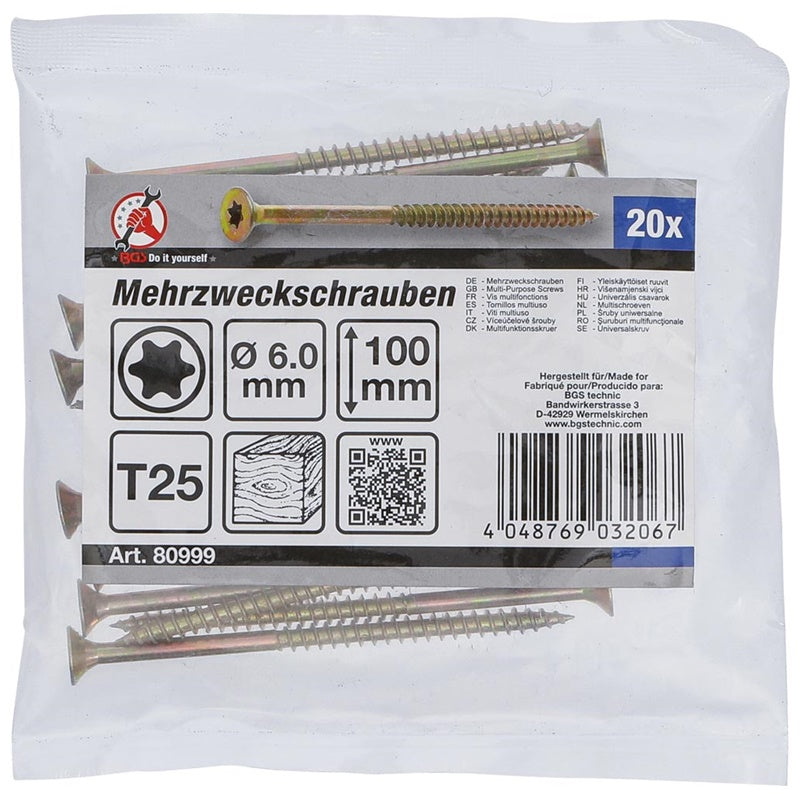 Set 20 Viti da Legno 6,0 x 100 mm Torx TX25 art.BGS80999 BIBA-RICAMBI