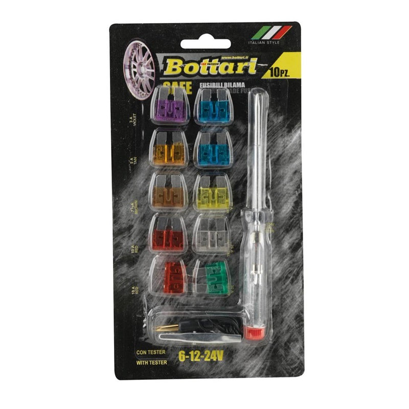 Fusibili bilama "EASY SAFE" set 10 pz. + tester per impianti a 6/12/24V BOTTARI