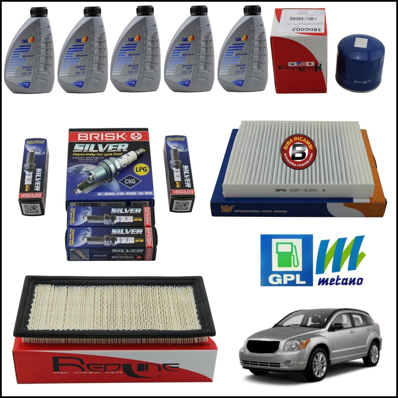 Kit Tagliando Olio | Filtri | Candele Per Dodge Caliber 1.800 GPL 110kw/150cv dal 2006> BIBA-RICAMBI