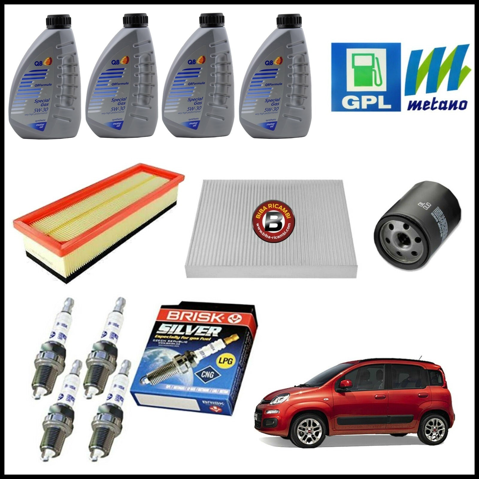 Kit Tagliando Olio | Filtri | Candele Per Fiat Panda (312) 1.200 GPL 51kw/69cv dal 2012> BIBA-RICAMBI