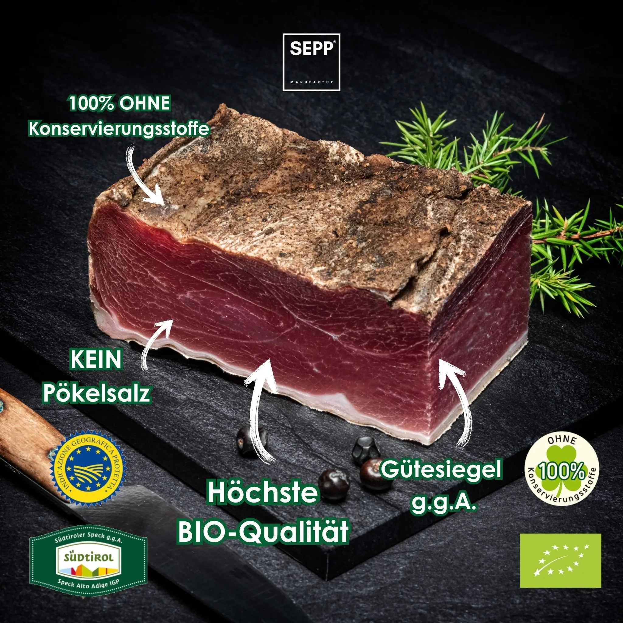 SEPP' BIO-Südtiroler Speck g.g.A. - 'Das Herzstück' ohne Pökelsalz 💚 - BIBA-RICAMBI