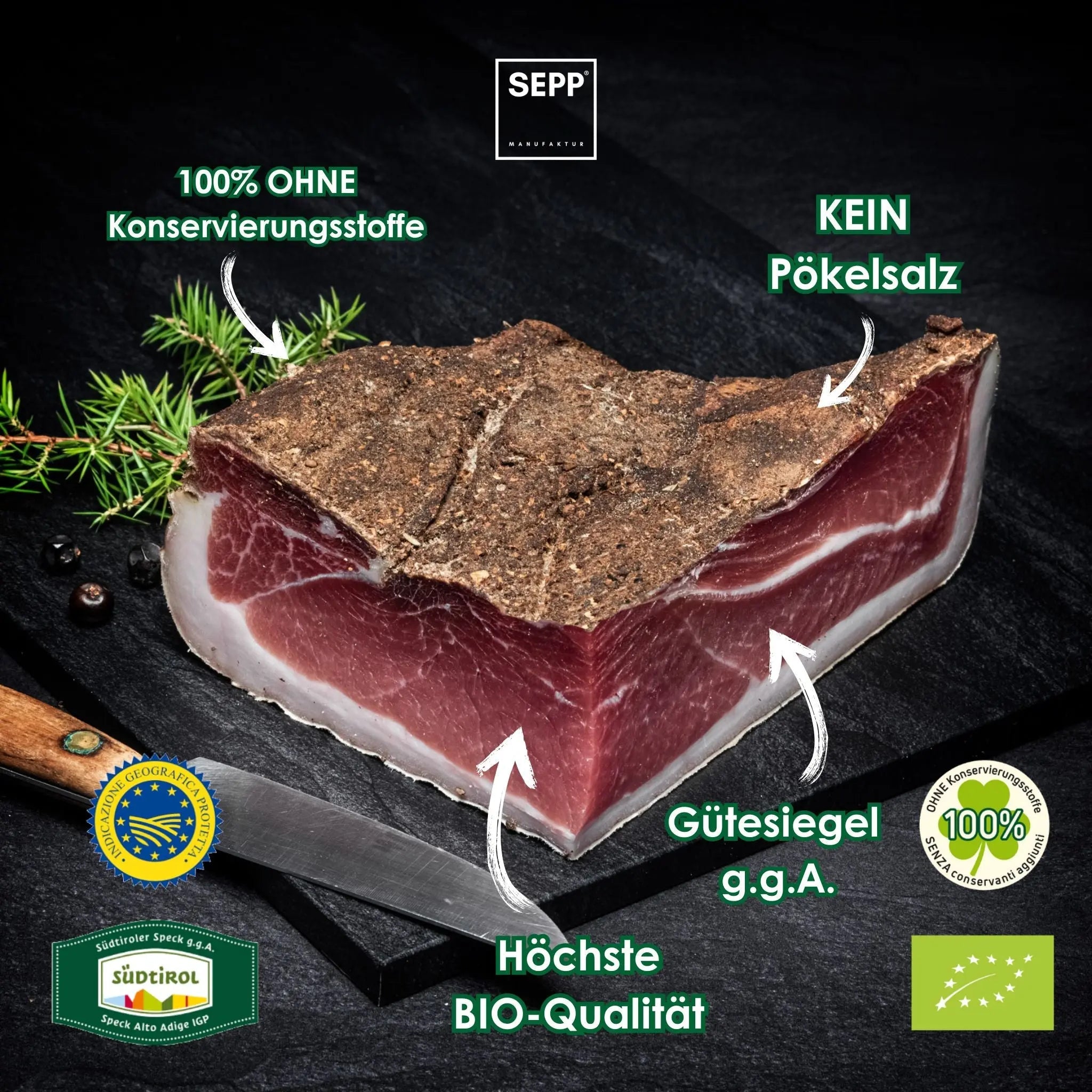 SEPP' BIO-Südtiroler Speck g.g.A. - 'Das Viertel' ohne Pökelsalz 💚 - BIBA-RICAMBI