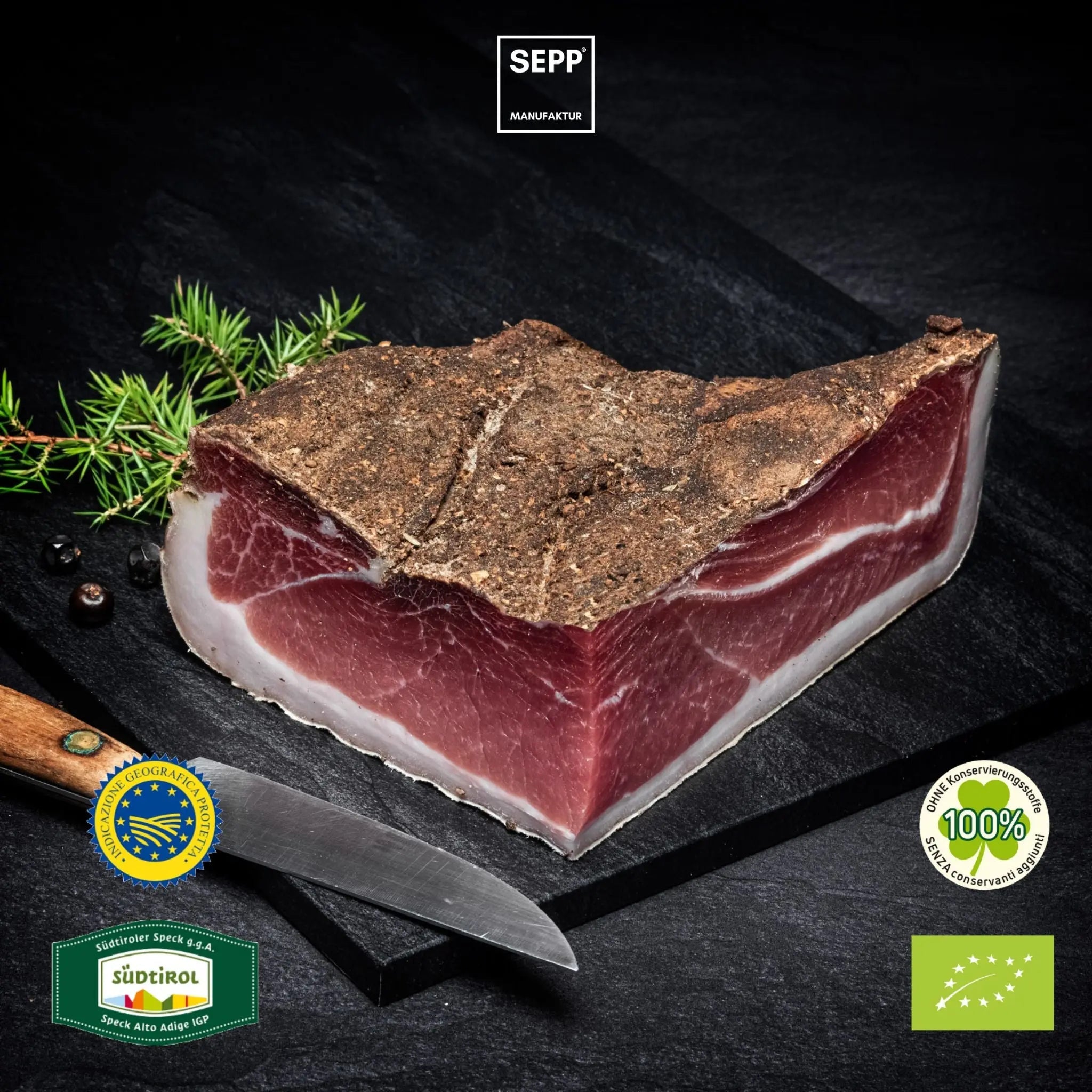 SEPP' BIO-Südtiroler Speck g.g.A. - 'Das Viertel' ohne Pökelsalz 💚 - BIBA-RICAMBI