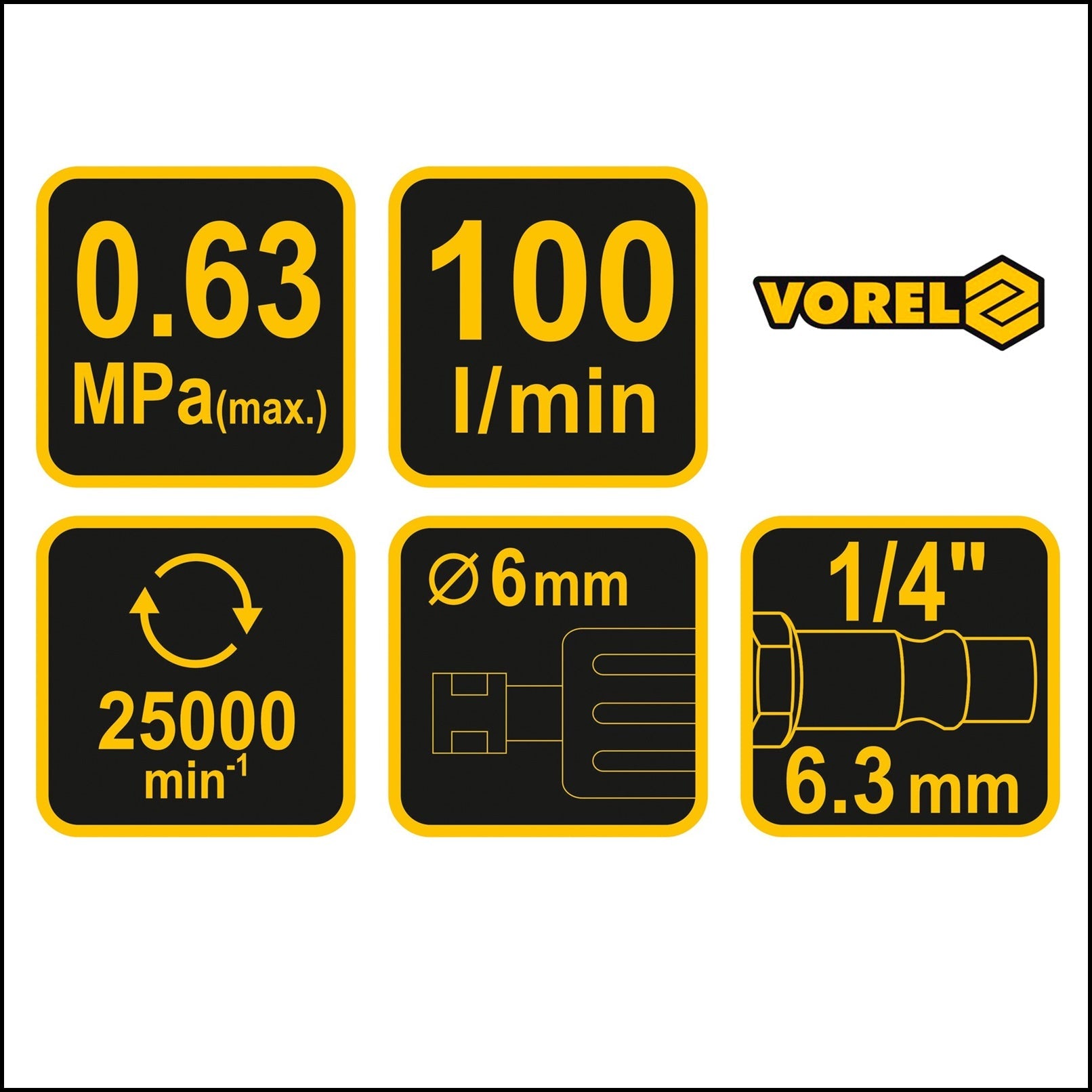 Smerigliatrice Pneumatica Diritta 25.000 Giri/Min, Diametro 6mm VOREL