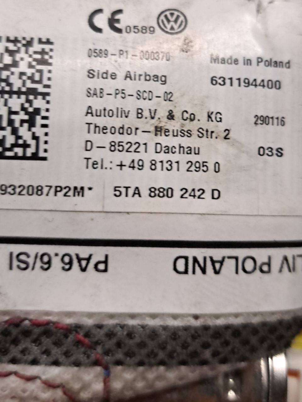 Airbag Sedile Destro Volkswagen Touran COD:5TA880242D (2007-2015)