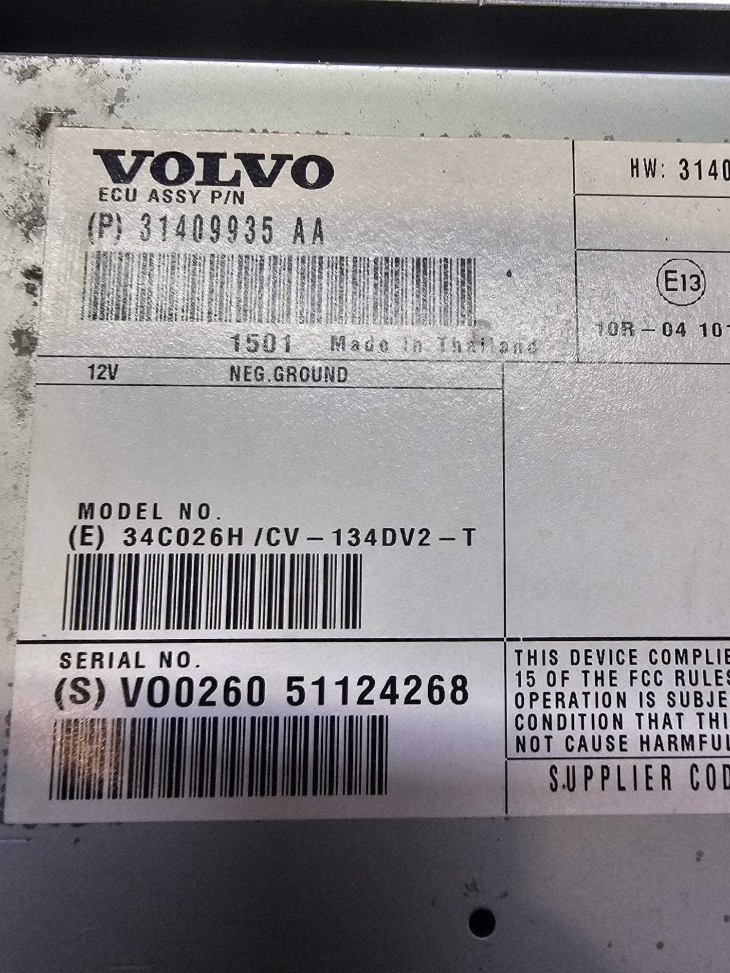 Amplificatore autoradio Volvo V60 (2010-2018) Cod:31409935