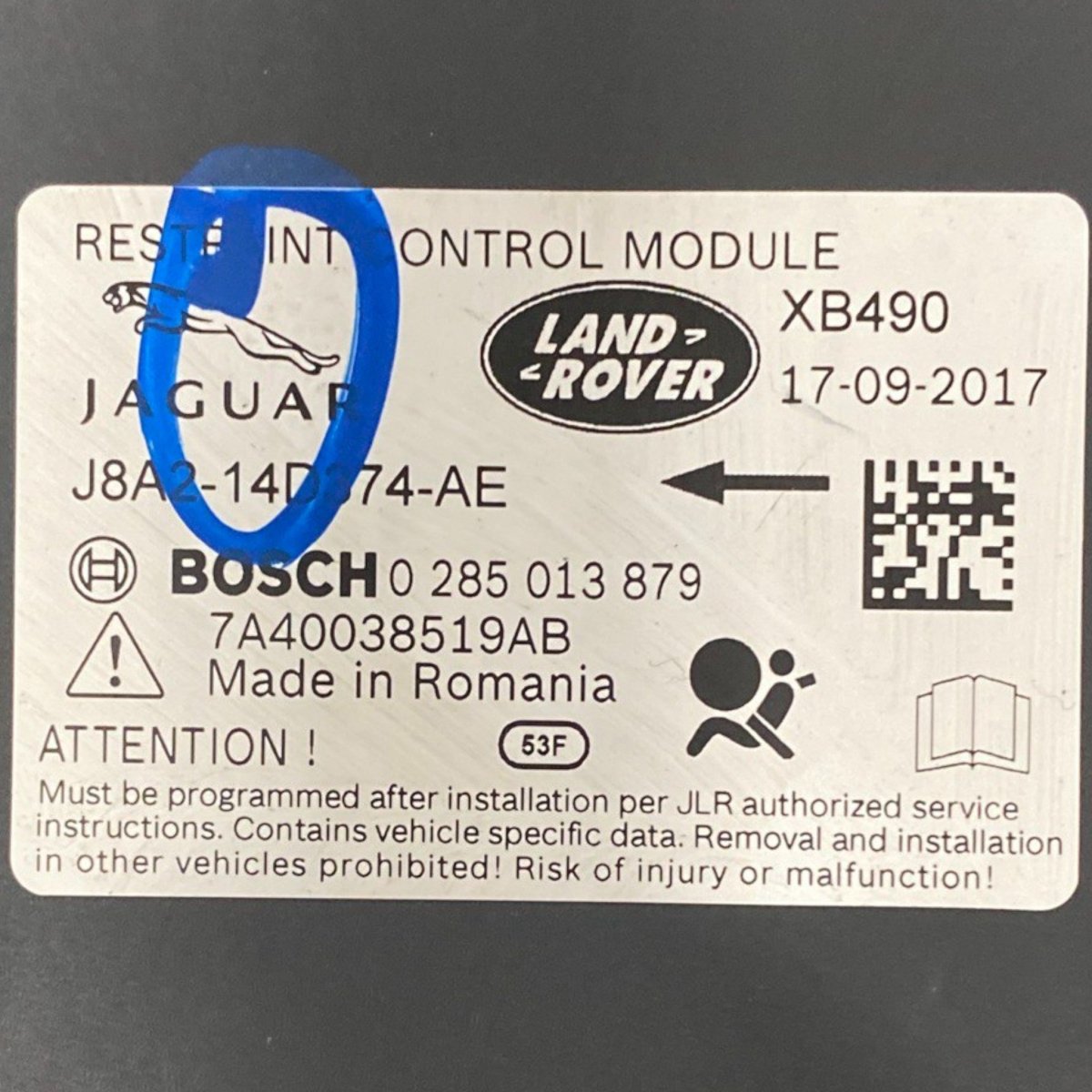 Centralina airbag range rover velar l560 (2017-) Cod: j8a2-14d374-ae