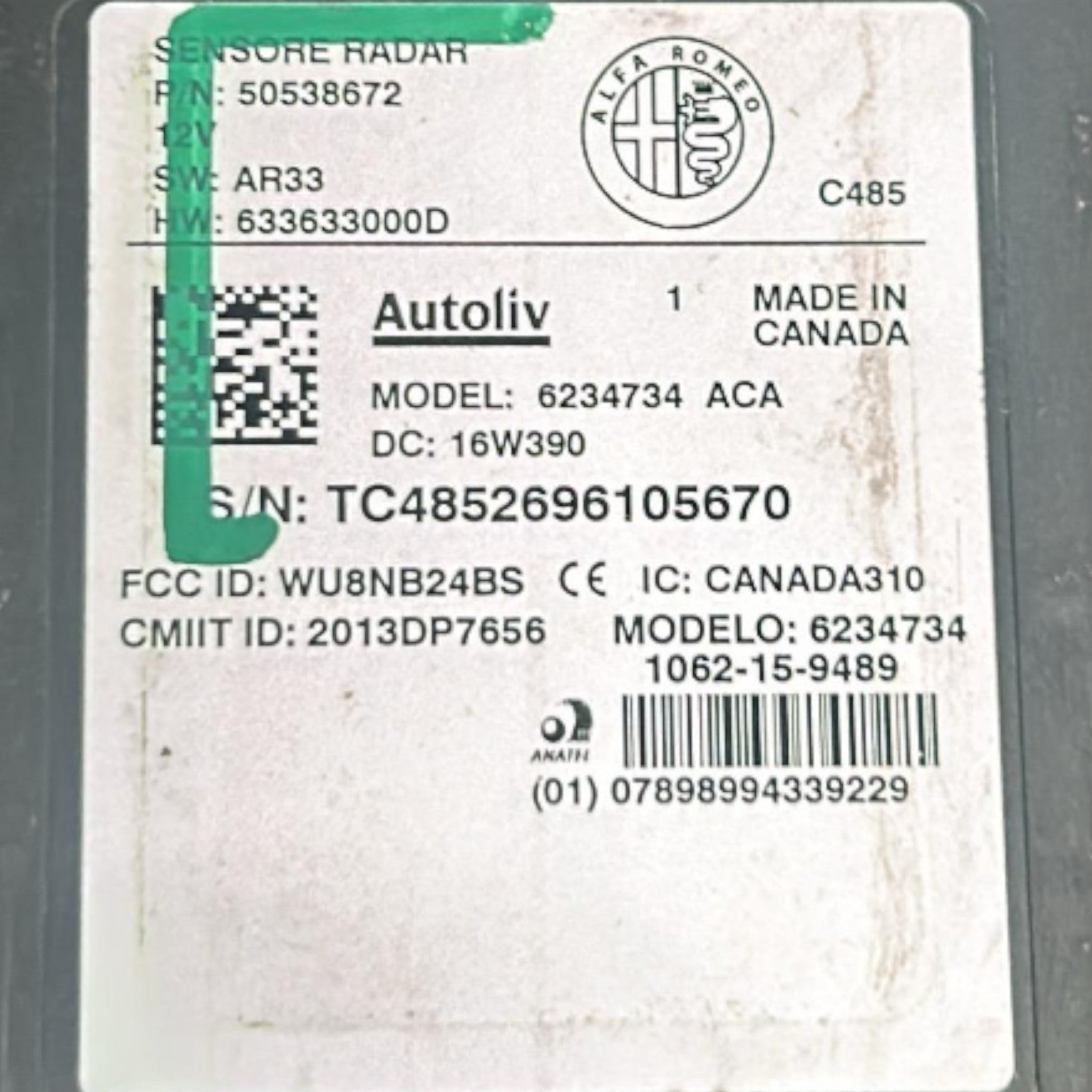 Centralina / Sensore Radar Alfa Romeo Giulia cod.50538672 2.2 Diesel (2016 > )