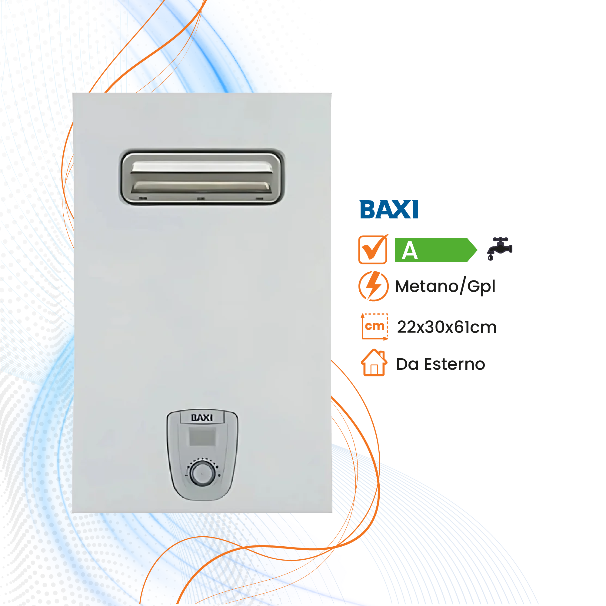 Scaldabagno Baxi AcquaPro Jet Blue Air Low Nox a Gas Camera Stagna - Da Esterno