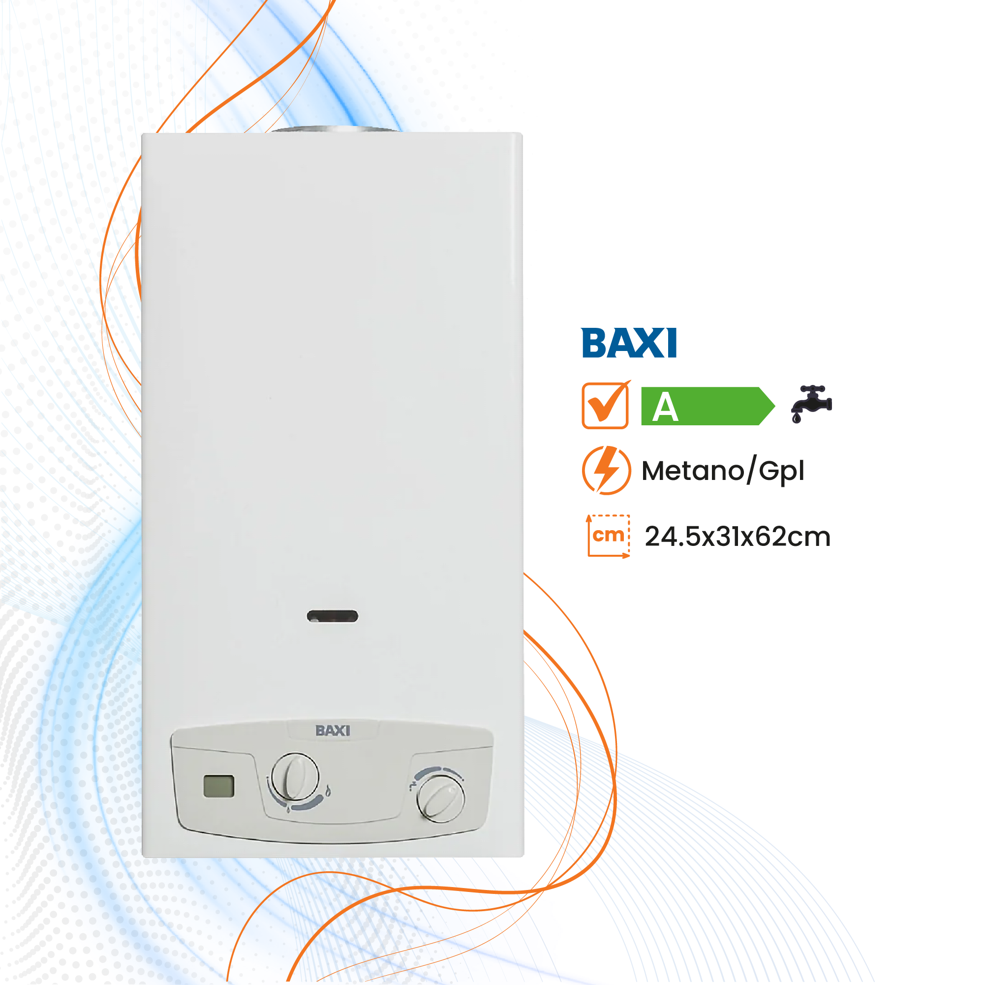 Scaldabagno Baxi AcquaPro Jet Blue Low Nox a Gas Tiraggio Naturale