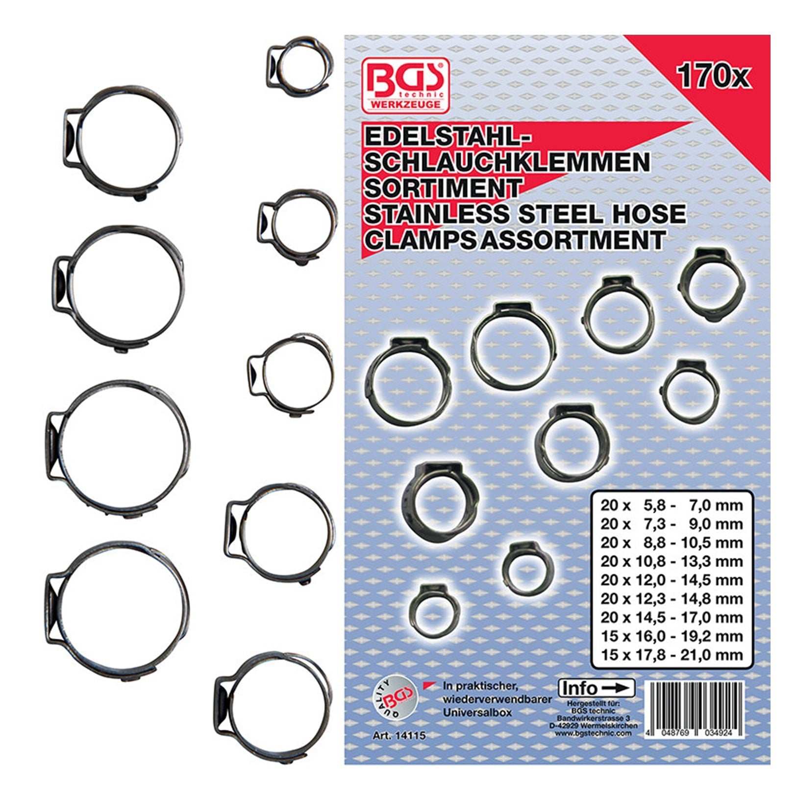 Assortimento 170 Pezzi Fascette Stringitubo in Acciaio Inox art.BGS14115 BIBA-RICAMBI