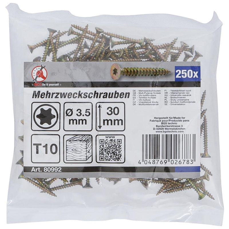 Set 250 Viti da Legno 3,5 x 30mm Torx TX10 art.BGS80992 BIBA-RICAMBI