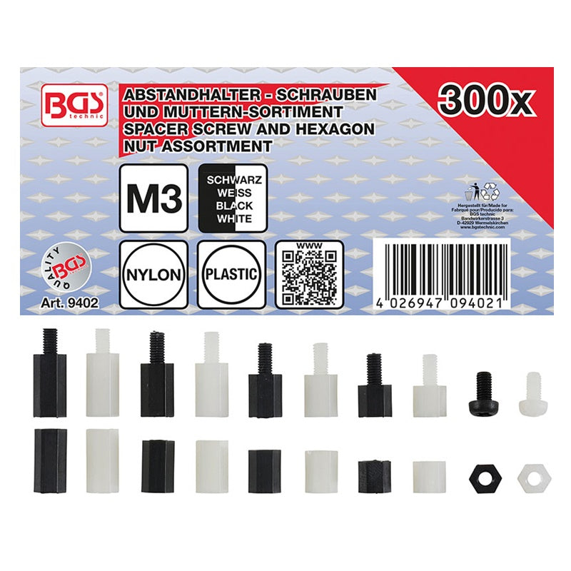 Assortimento 300 Pezzi Viti, Distanziali e Dadi in Nylon art.BGS9402 BIBA-RICAMBI