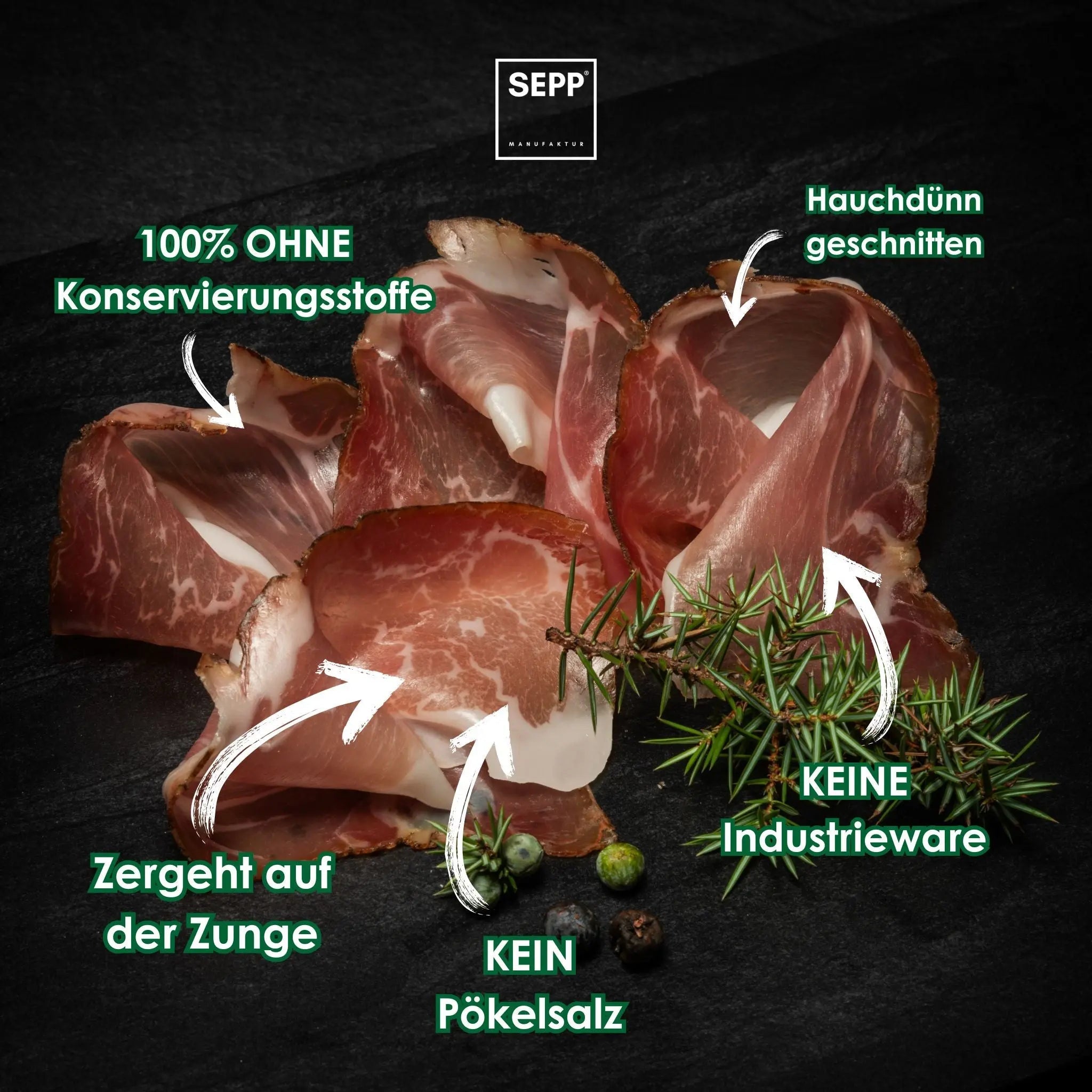 SEPP' Südtiroler Speck g.g.A. - 'Fein geschnitten' ohne Pökelsalz - BIBA-RICAMBI