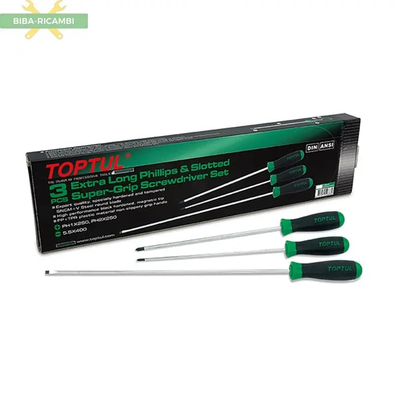 TOPTUL Set di 3 Cacciaviti Extra Lunghi con Impugnatura Super-Grip | Uso Professionale