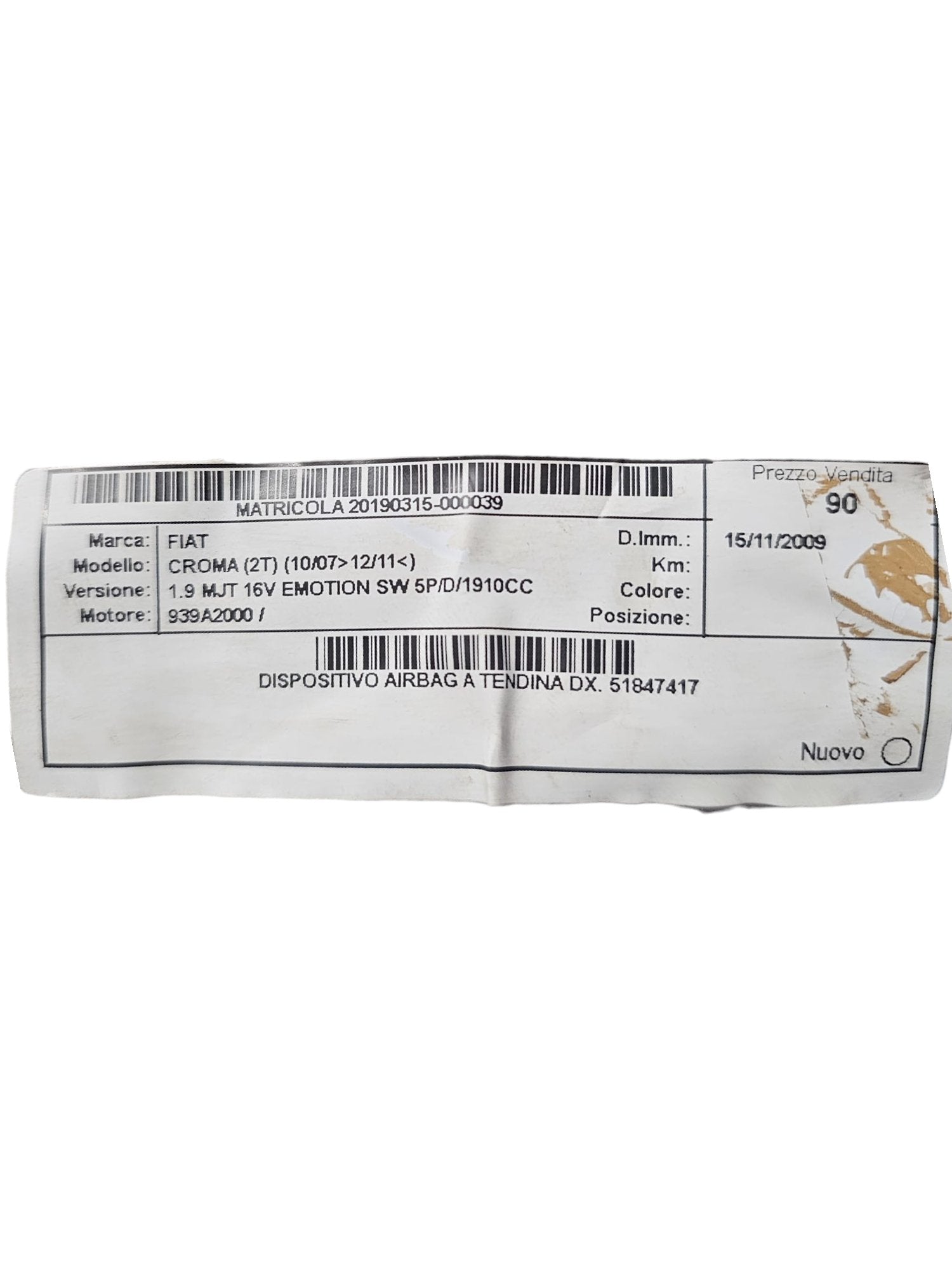 Airbag a Tendina Laterale Destro Fiat Croma (2005-2010) Cod:51847417