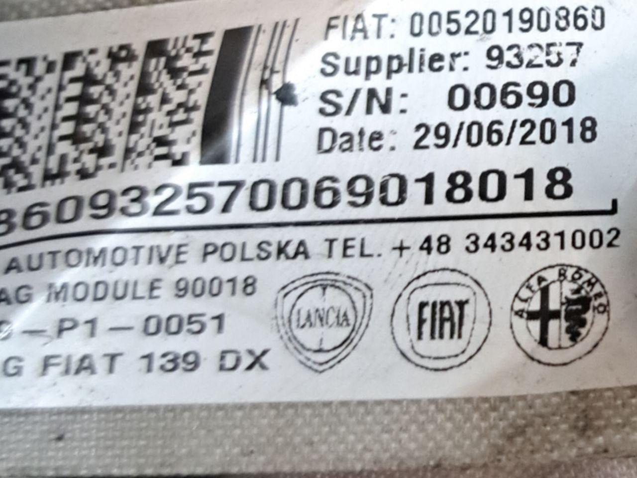 Airbag destro a tendina FIAT Panda (2012) COD:520190860