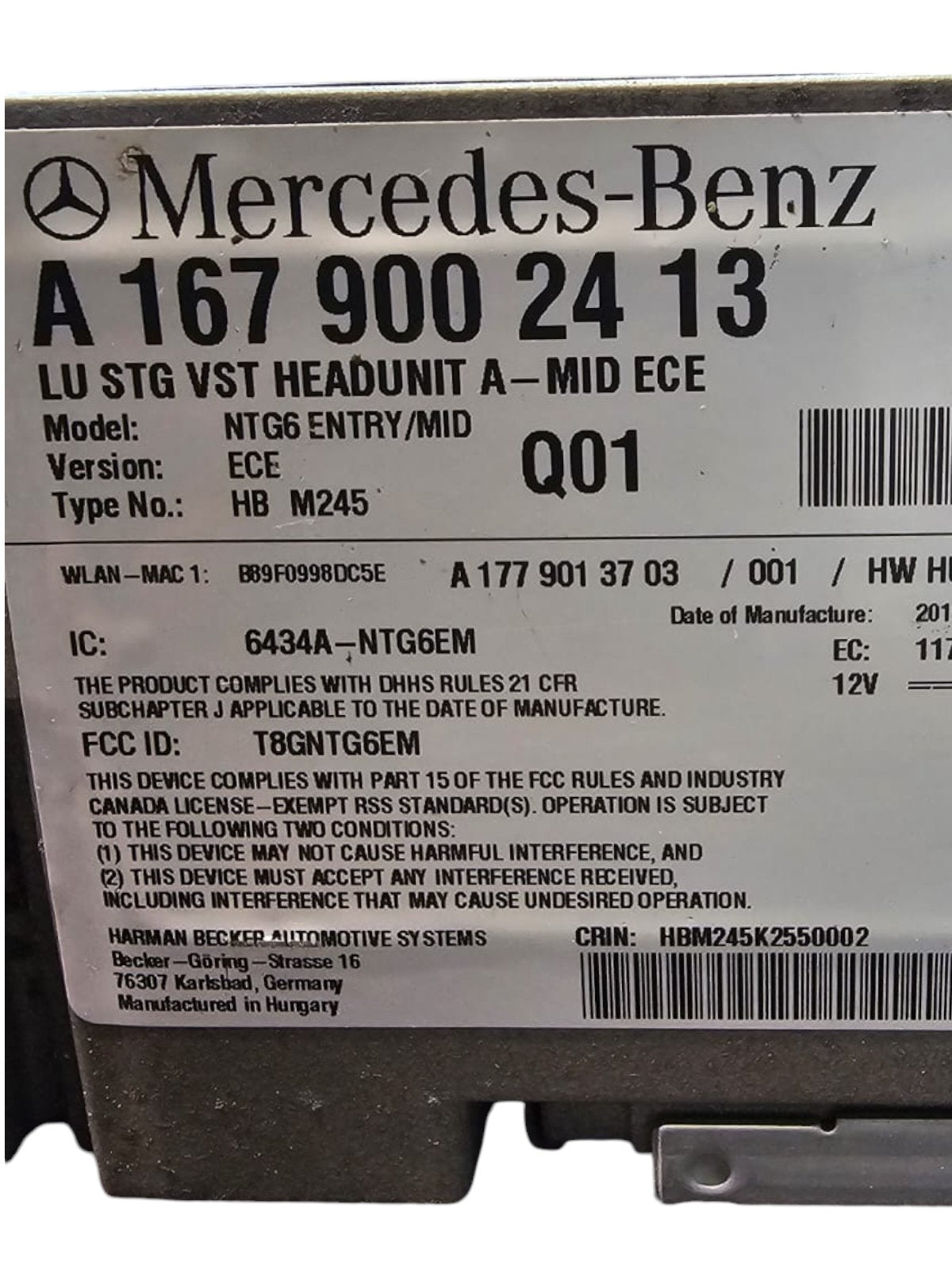 Centralina Autoradio GPS Mercedes Classe A W177 (2018<) Cod:A1679002413