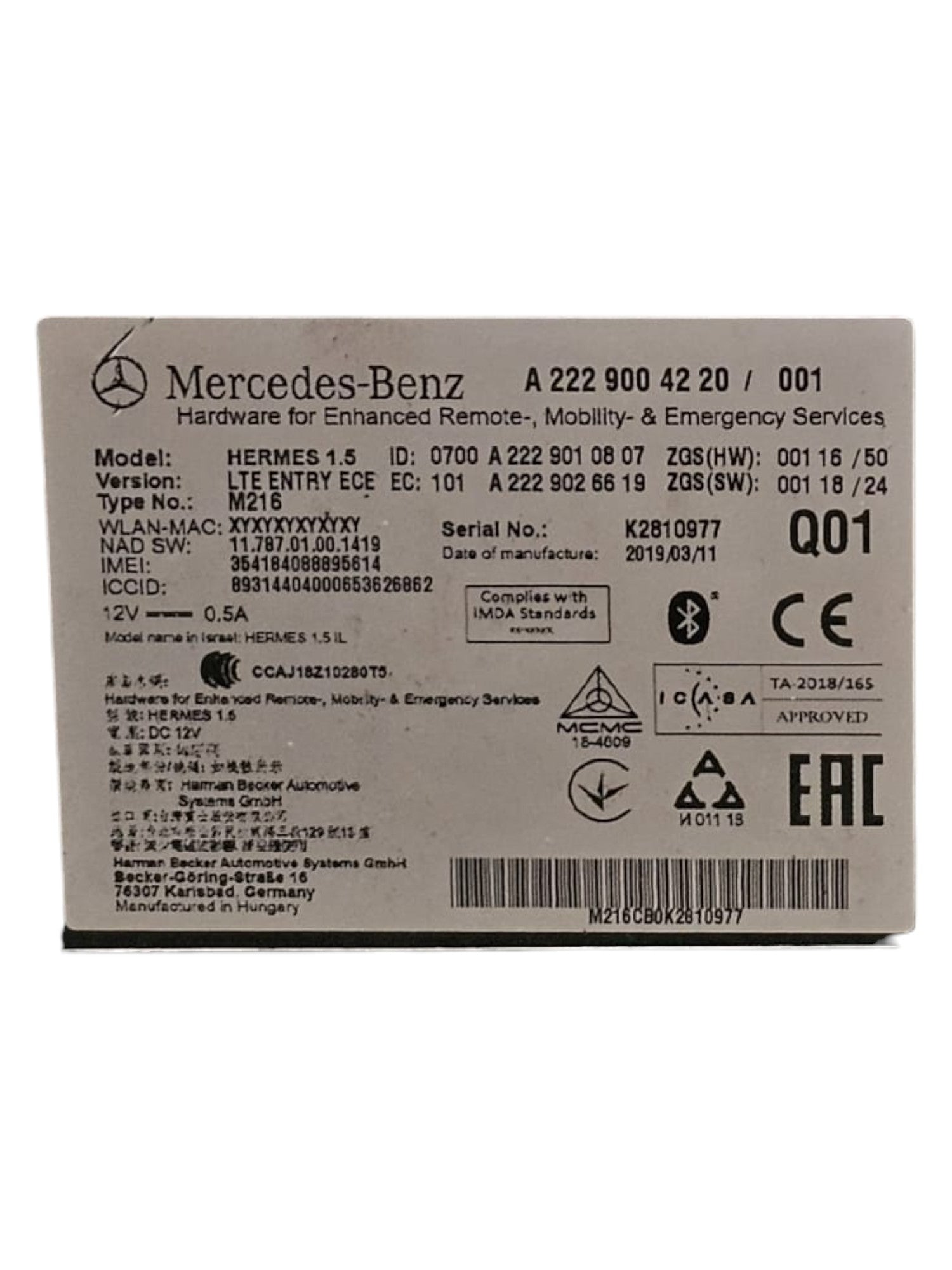 Centralina Bluetooth Mercedes GLA X156 Cod:A2229004220 (2013-2019)