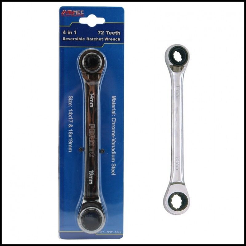 Chiave professionale combinata a doppio cricchetto poligonale con 2 misure in ogni lato + leva FERMEC