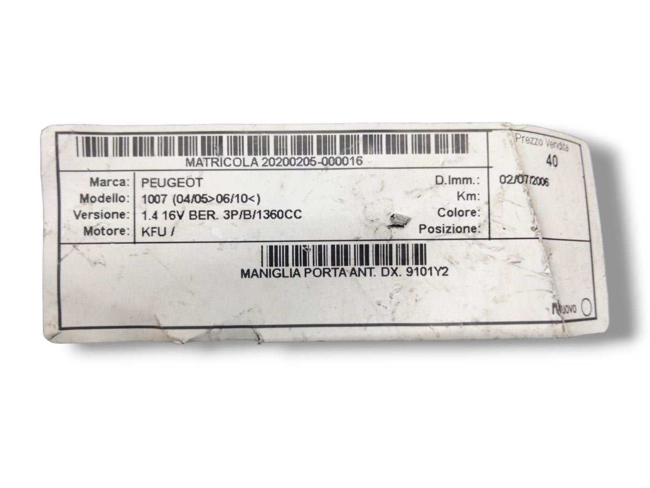 Maniglia esterna porta anteriore destro dx Peugeot 1007 ( 2005-2010)cod.9101Y2