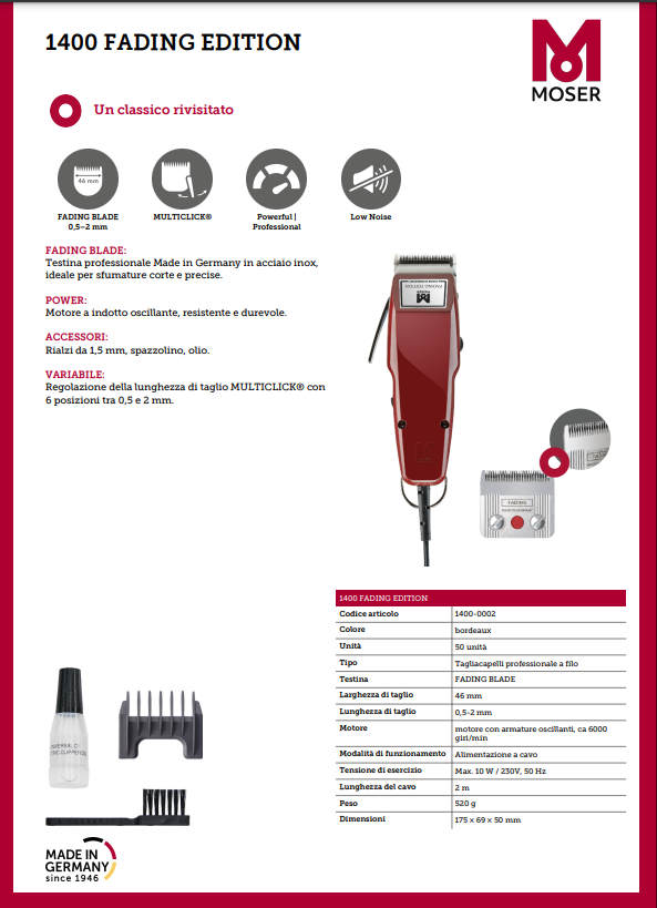 MOSER TAGLIACAPELLI ELETTRICA 1400 FADING EDITION - BIBA-RICAMBI