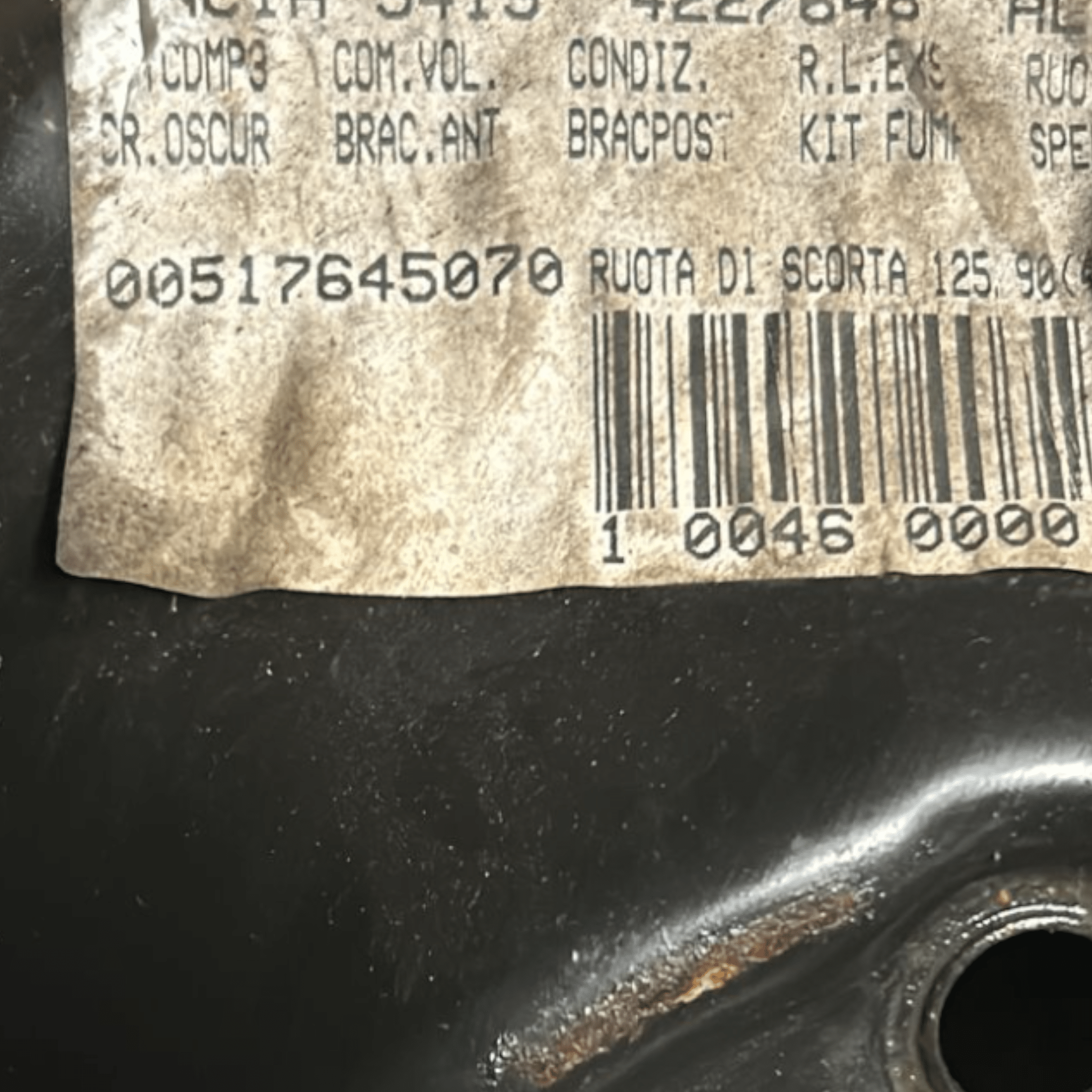 Ruota / Ruotino Di Scorta Nero Raggio 15 lancia Delta (2008 > 2014) cod:00517645070 125/90 r15