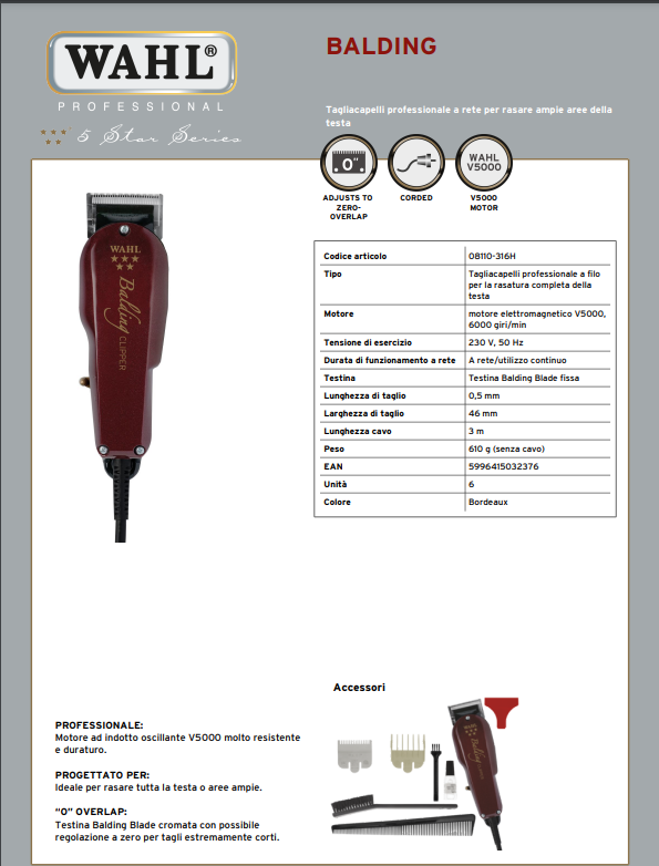 WAHL PROFESSIONAL TAGLIACAPELLI 5 STAR SERIES BALDING - BIBA-RICAMBI
