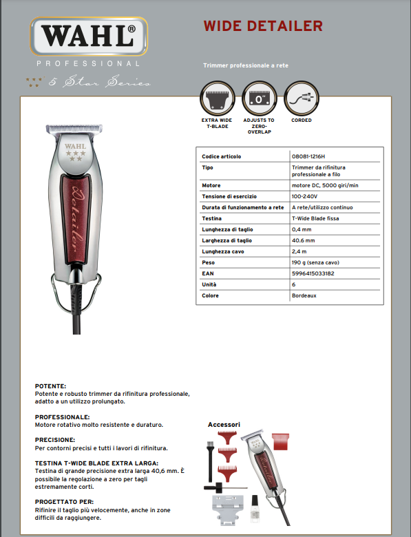WAHL PROFESSIONAL TAGLIACAPELLI DETAILER EXTRA WIDE T-BLADE - BIBA-RICAMBI